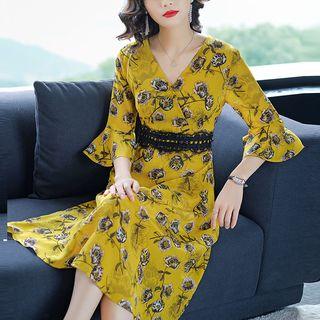 Floral 3/4-sleeve A-line Chiffon Dress