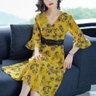 Floral 3/4-sleeve A-line Chiffon Dress