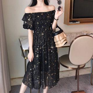 Short-sleeve Ruffled Patterned Mesh A-line Midi Dress