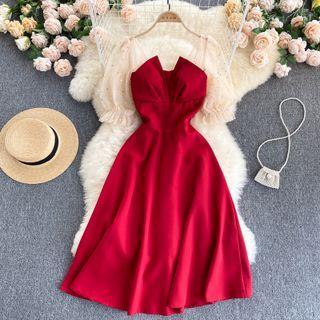 V-neck Mesh Puff-sleeve Panel Dress