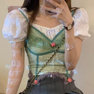 Puff-sleeve Square-neck Top / Lace Flower Camisole Top