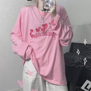 Heart Embroidered Long-sleeve T-shirt Pink - One Size