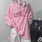 Heart Embroidered Long-sleeve T-shirt Pink - One Size