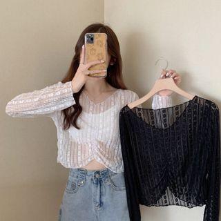 V-neck Plain Lace Cropped Top