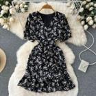 Short-sleeve V-neck Floral Fish Tail Dress