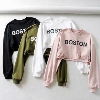 Lettering Distressed Long-sleeve Crop T-shirt