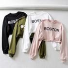 Lettering Distressed Long-sleeve Crop T-shirt