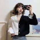 Two-tone Notch Lapel Blouse / Mock-turtleneck Long-sleeve Lace Top