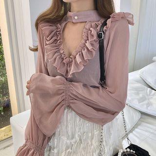 Ruffle Trim Long-sleeve Chiffon Top Mauve Pink - One Size