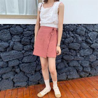 Sleeveless Frill Trim Perforated Top / A-line Mini Skirt