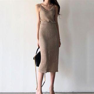 Set: Pointelle Knit Camisole Top + Midi A-line Skirt