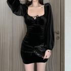 Long-sleeve Ruffled Plain Velvet Dress Black - One Size
