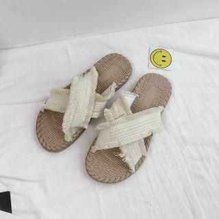 Fray Hem Crisscross Flat Slide Sandals