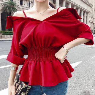 Off-shoulder Smocked Long-sleeve Blouse