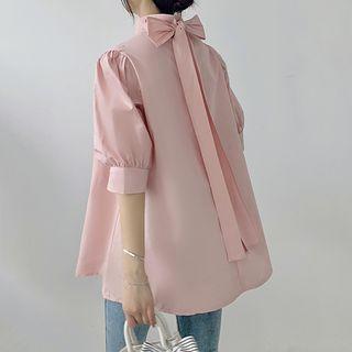 Elbow-sleeve Ribbon Back Oversized Blouse