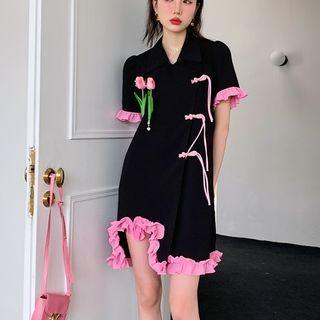 Elbow-sleeve Frog-button Ruffled Mini Dress