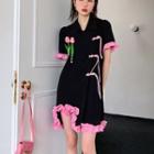 Elbow-sleeve Frog-button Ruffled Mini Dress