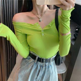 Long-sleeve Off-shoulder Button Knit Top