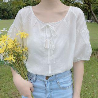 Bow-detail Elbow-sleeve Plain Blouse