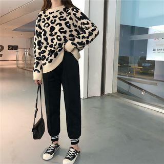 Leopard Pattern Sweater / Striped Sweatpants