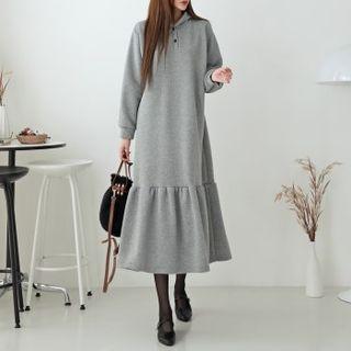 Button-trim Frilled Long Hoodie Dress