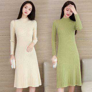 Long-sleeve Crew Neck Plain Knit Dress