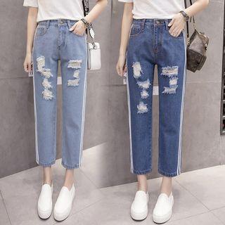 Striped Cropped Straight-cut Jeans