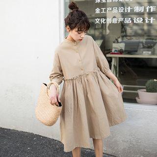 3/4-sleeve Stand-collar A-line Midi Shirtdress