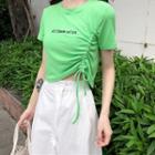 Short-sleeve Lettering Drawstring Side T-shirt / High-waist Plain Asymmetric Skirt