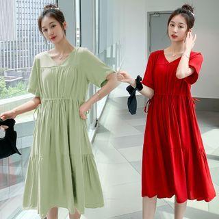 V-neck Drawstring Layered Dress