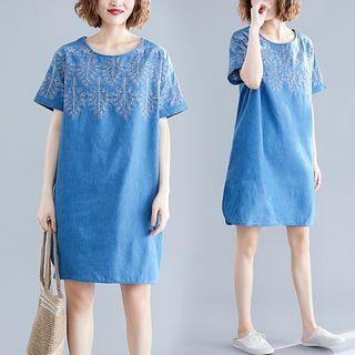 Print Round-neck Denim Dress Blue - L
