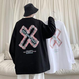 Long-sleeve Cross Print Oversized T-shirt
