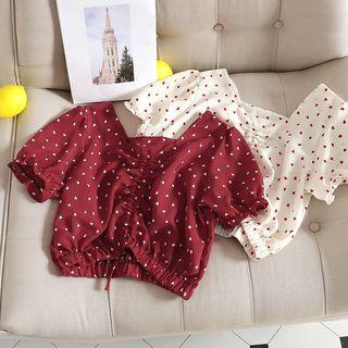 Dot Lantern-sleeve Square-neck Chiffon Top