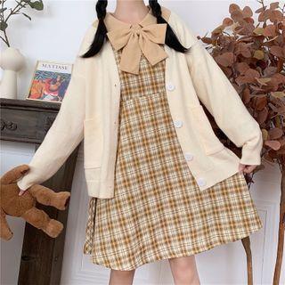 Bow-neck Plaid A-line Dress / Plain Knit Cardigan