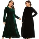 Plus Size Long Sleeve Round Neck Velvet A-line Maxi Dress