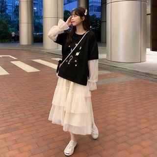 Mock Two-piece Embroidered Pullover / Midi Mesh Skirt