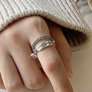 Lettering Stainless Steel Open Ring Good Lucky & Smiley Face - Silver - One Size