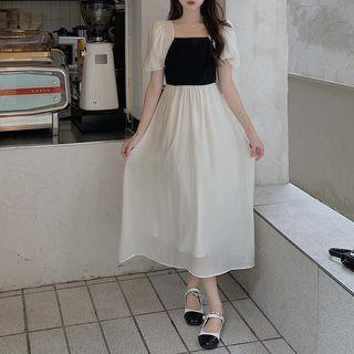 Puff Sleeve Two-tone Midi A-line Dress