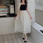 Puff Sleeve Two-tone Midi A-line Dress