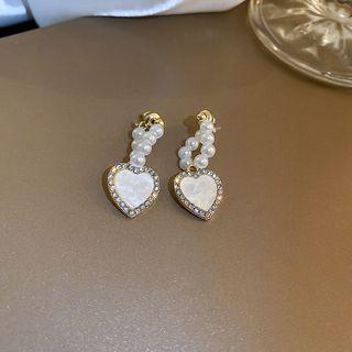 Faux Pearl Heart Dangle Earring 1 Pair - Stud Earrings - Love Heart - Gold - One Size