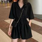 Elbow-sleeve Open-collar Drawstring Playsuit