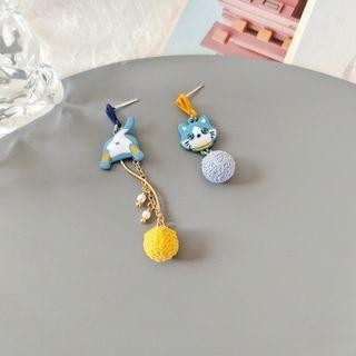 Cat Asymmetrical Pom Pom Dangle Earring