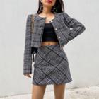 Set: Houndstooth Cropped Blazer + Mini Skirt