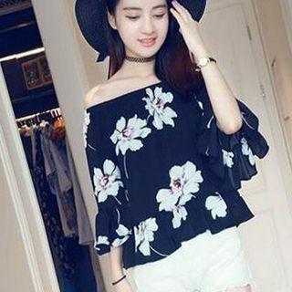 Off-shoulder Bell-sleeve Floral Print Top
