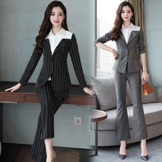 Set: Plaid Buttoned Blazer + Boot-cut Dress Pants