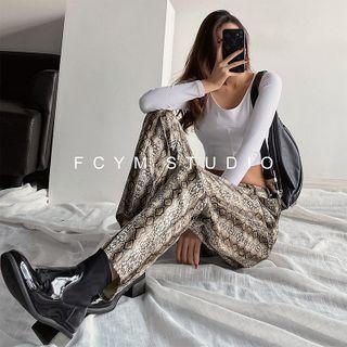 Snakeskin Slit-hem Faux-leather Straight-cut Pants