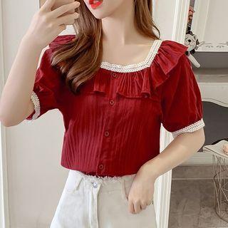 Short-sleeve Frill Trim Lace Trim Chiffon Blouse