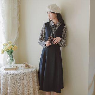 Long-sleeve Mock Two-piece Plaid Panel Midi A-line Dress