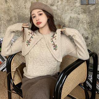 Flower Embroidered Sweater / Plain Midi Skirt