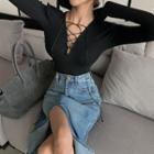 Long-sleeve Lace-up Top / Slit Midi Denim Skirt